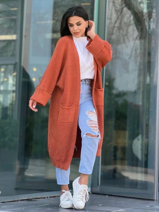 Yarasa kol uzun triko hırka kremit Yarasa kol uzun triko hırka kremit