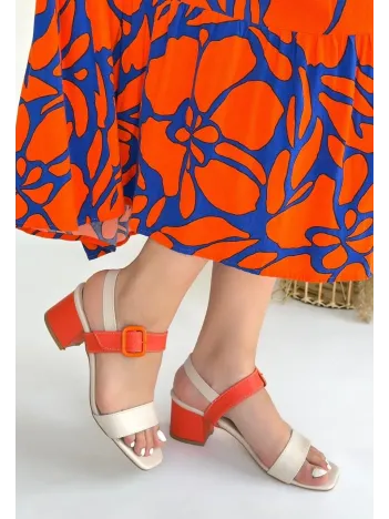 Year Bej Cilt Turuncu Detaylı Turuncu Topuklu Topuklu Ayakkabı