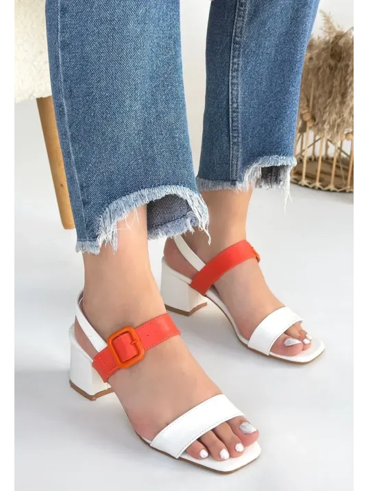 Year Beyaz Cilt Turuncu Detaylı Beyaz Topuklu Ayakkabı Year Beyaz Cilt Turuncu Detaylı Beyaz Topuklu Ayakkabı