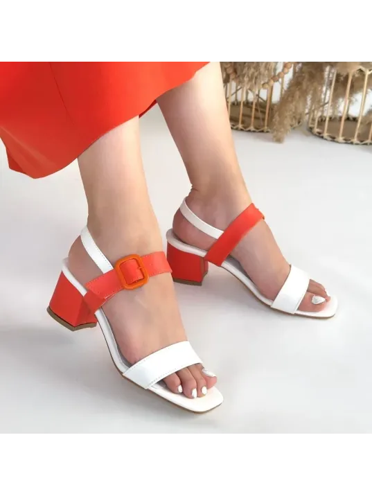 Year Beyaz Cilt Turuncu Detaylı Topuklu Ayakkabı Year Beyaz Cilt Turuncu Detaylı Topuklu Ayakkabı