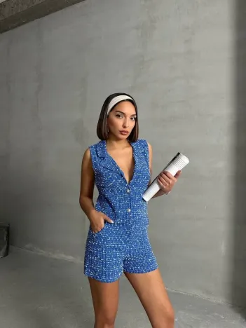 Yelekli Şort Takım Saks