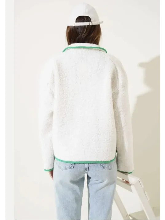 Yeşil Fermuar Cepli Kuzu Mont Beyaz T1085