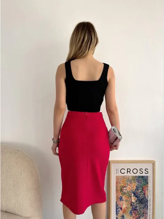 Yırtmaçlı Esnek Kumaş Midi Boy Etek Koyu Kırmızı