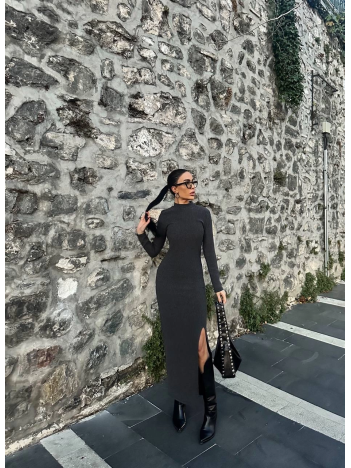 Yırtmaçlı kalın bürümcük uzun elbise siyah