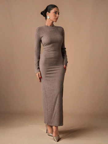 Yırtmaçlı kalın bürümcük uzun elbise vizon Yırtmaçlı kalın bürümcük uzun elbise vizon