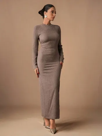 Yırtmaçlı Kalın Bürümcük Uzun Elbise Vizon