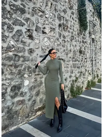 Yırtmaçlı Kalın Bürümcük Uzun Elbise Yeşil