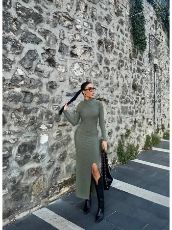 Yırtmaçlı kalın bürümcük uzun elbise Yeşil