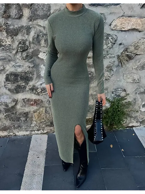 Yırtmaçlı Kalın Bürümcük Uzun Elbise Yeşil