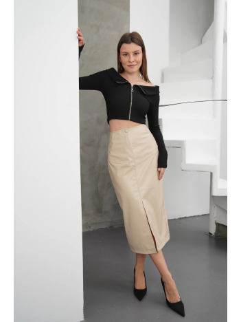 Yırtmaçlı uzun deri etek bej Yırtmaçlı uzun deri etek bej