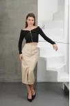 Yırtmaçlı Uzun Deri Etek Bej