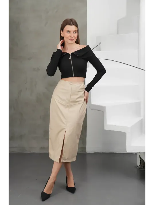 Yırtmaçlı Uzun Deri Etek Bej