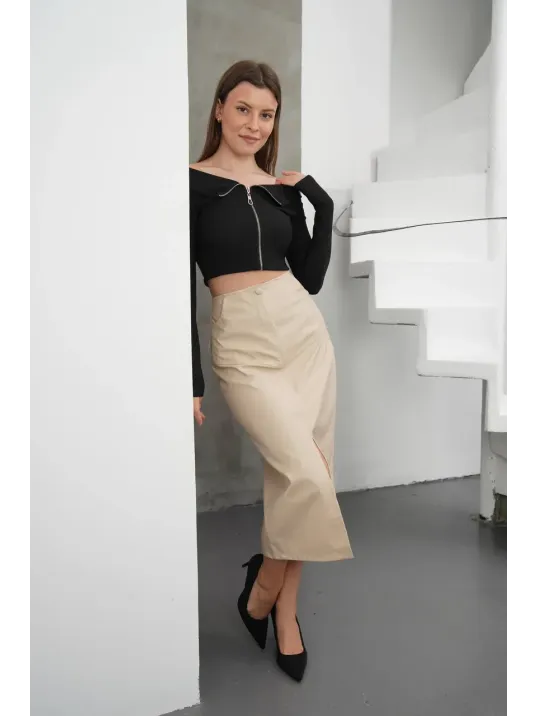 Yırtmaçlı Uzun Deri Etek Bej