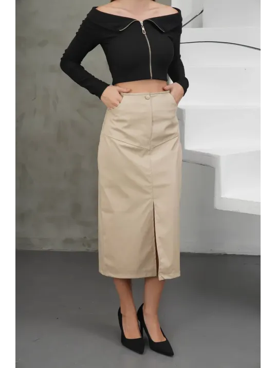 Yırtmaçlı Uzun Deri Etek Bej