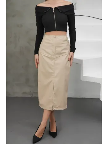 Yırtmaçlı Uzun Deri Etek Bej