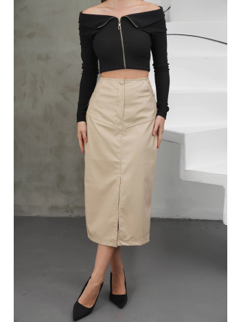 Yırtmaçlı uzun deri etek bej