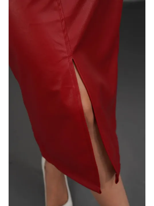 Yırtmaçlı Uzun Deri Etek Bordo