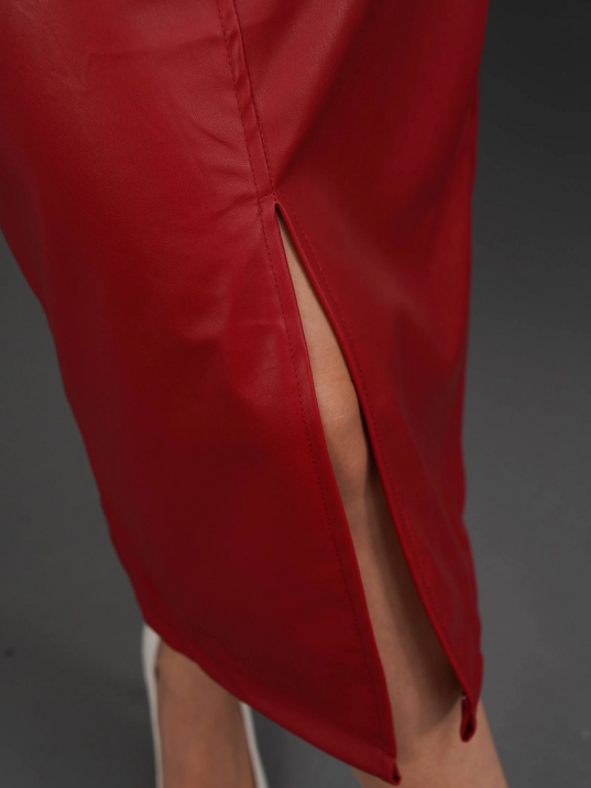 Yırtmaçlı uzun deri etek bordo