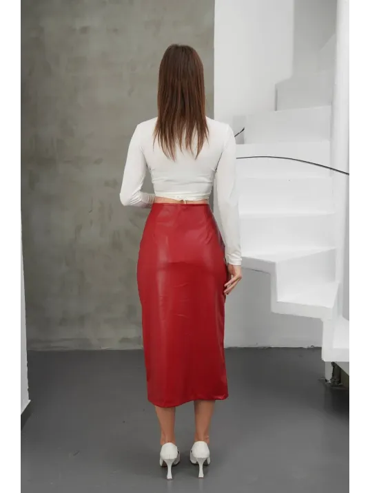 Yırtmaçlı Uzun Deri Etek Bordo