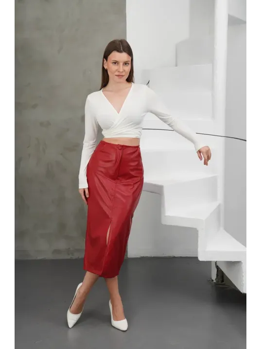 Yırtmaçlı Uzun Deri Etek Bordo