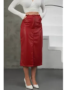 Yırtmaçlı Uzun Deri Etek Bordo