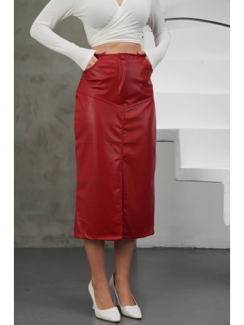 Yırtmaçlı uzun deri etek bordo Yırtmaçlı uzun deri etek bordo