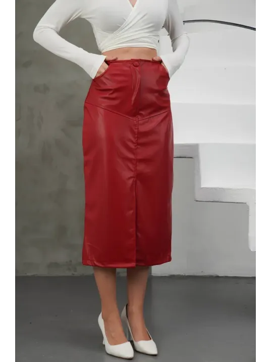 Yırtmaçlı Uzun Deri Etek Bordo