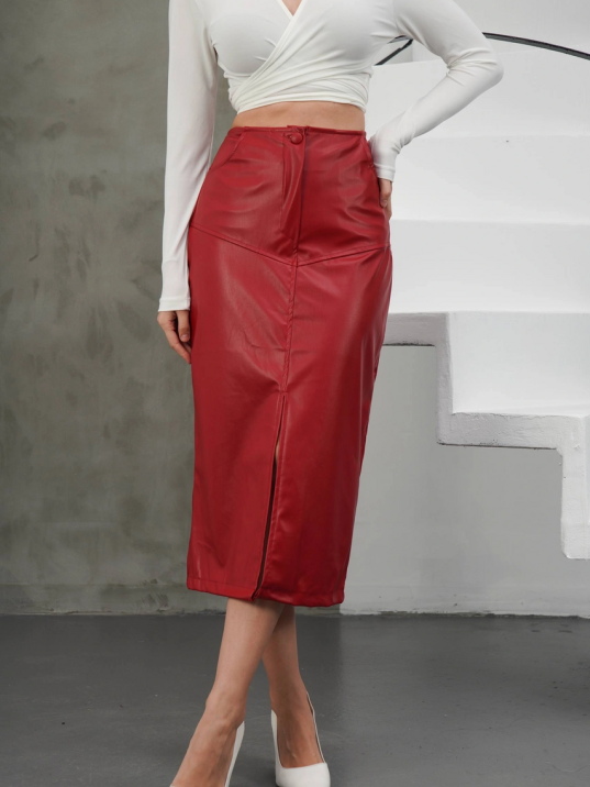 Yırtmaçlı uzun deri etek bordo