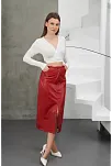 Yırtmaçlı Uzun Deri Etek Bordo