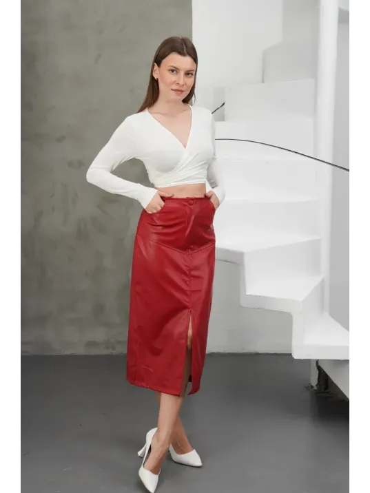 Yırtmaçlı Uzun Deri Etek Bordo