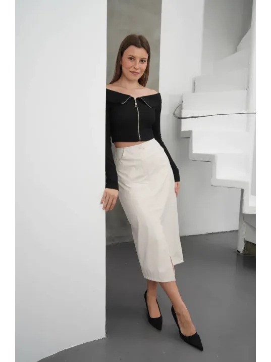 Yırtmaçlı Uzun Deri Etek Krem