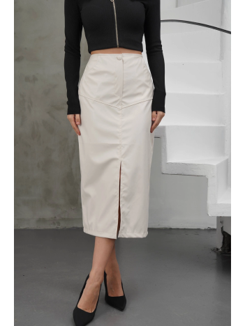 Yırtmaçlı uzun deri etek krem