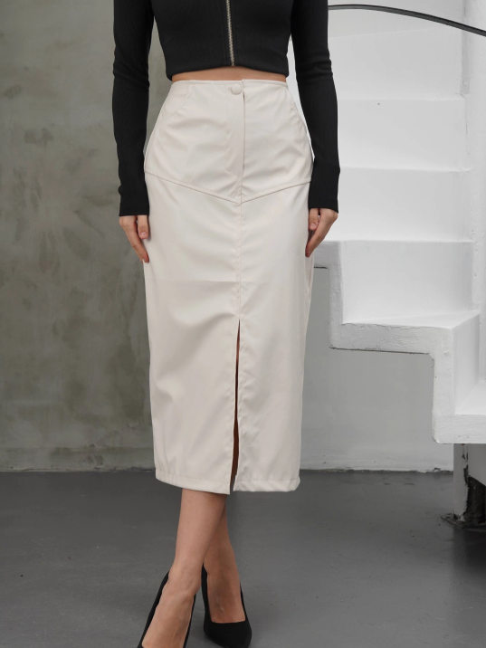 Yırtmaçlı uzun deri etek krem Yırtmaçlı uzun deri etek krem