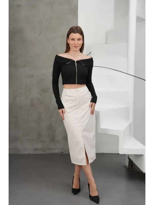 Yırtmaçlı Uzun Deri Etek Krem