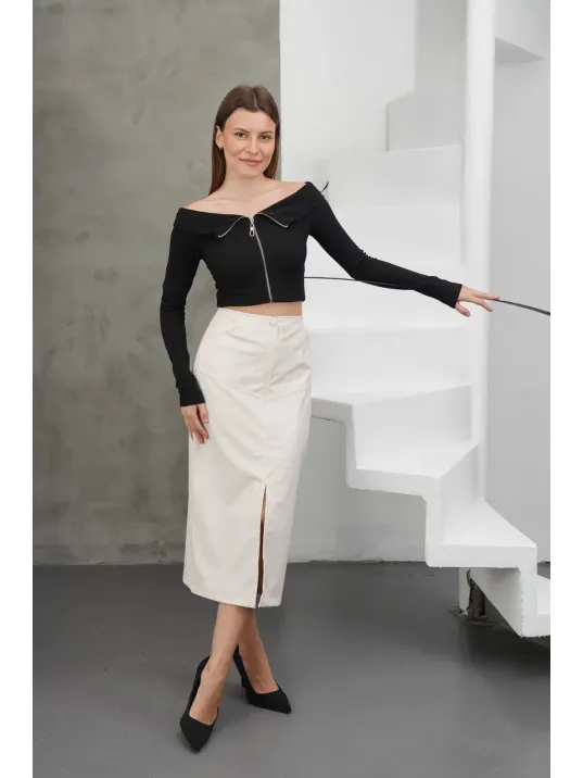Yırtmaçlı Uzun Deri Etek Krem