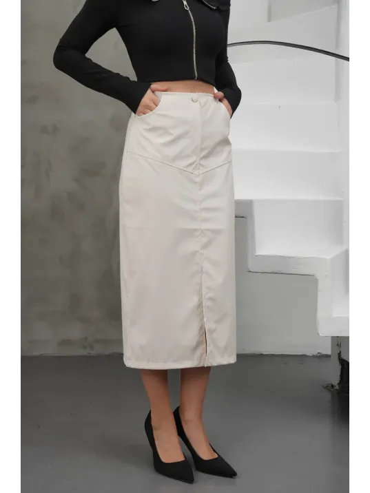 Yırtmaçlı Uzun Deri Etek Krem