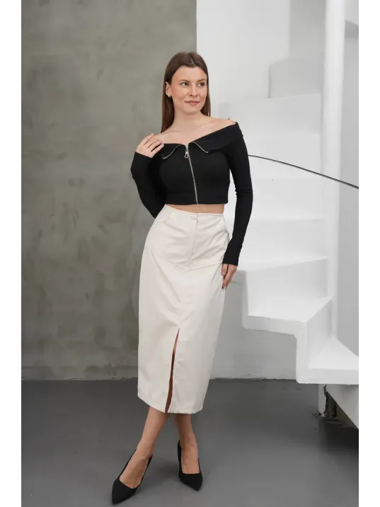 Yırtmaçlı Uzun Deri Etek Krem