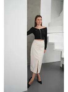 Yırtmaçlı Uzun Deri Etek Krem