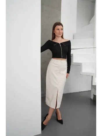 Yırtmaçlı Uzun Deri Etek Krem