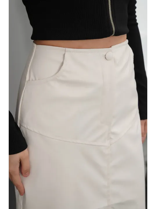 Yırtmaçlı Uzun Deri Etek Krem