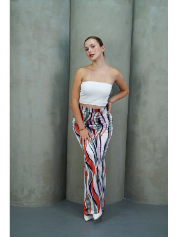 Yüksek Bel Uzun Çok Renkli Baskılı Palazzo Pantolon Gri