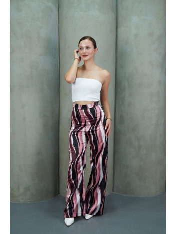 Yüksek Bel Uzun Çok Renkli Baskılı Palazzo Pantolon Pembe