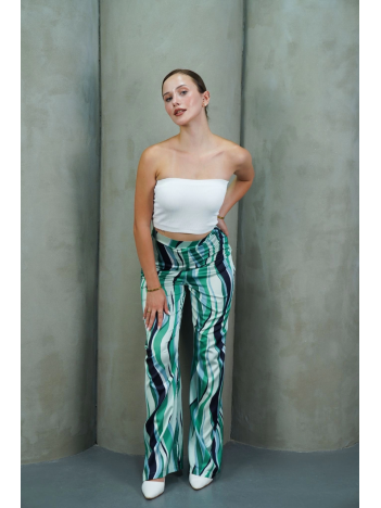 Yüksek Bel Uzun Çok Renkli Baskılı Palazzo Pantolon Yeşil