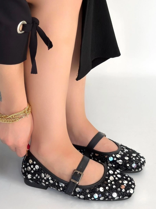 Zaty Siyah Süet Gümüş Pullu Babet Ayakkabı