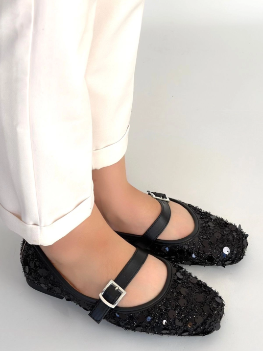 Zaty Siyah Süet Siyah Pullu Babet Ayakkabı