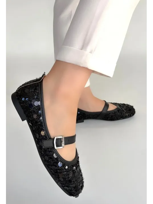 Zaty Siyah Süet Siyah Pullu Babet Ayakkabı