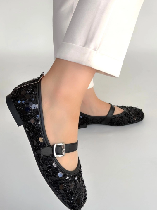 Zaty Siyah Süet Siyah Pullu Babet Ayakkabı