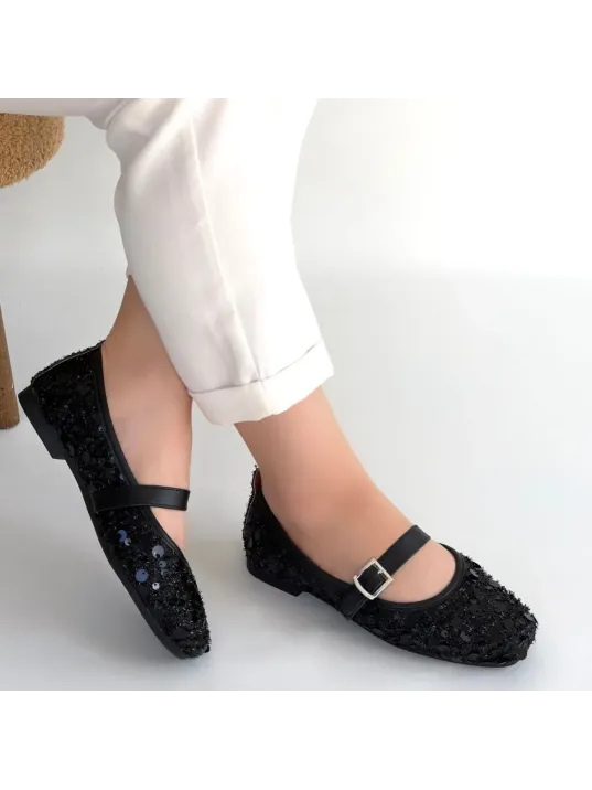 Zaty Siyah Süet Siyah Pullu Babet Ayakkabı