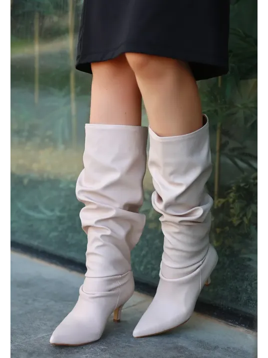 Zelya Bej Cilt Topuklu Çizme Zelya Bej Cilt Topuklu Çizme