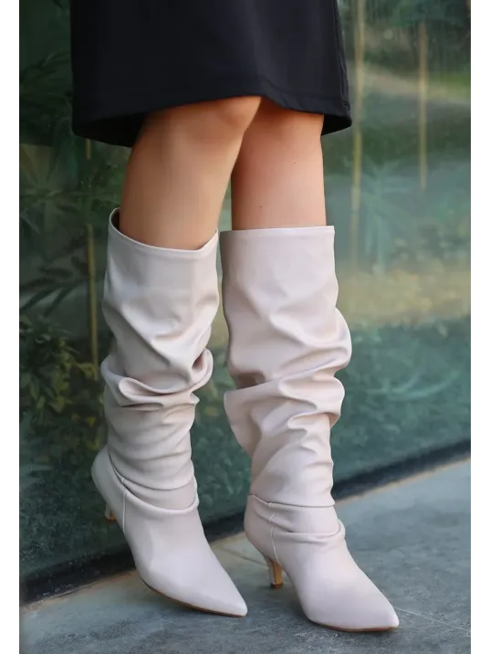 Zelya Bej Cilt Topuklu Çizme Zelya Bej Cilt Topuklu Çizme